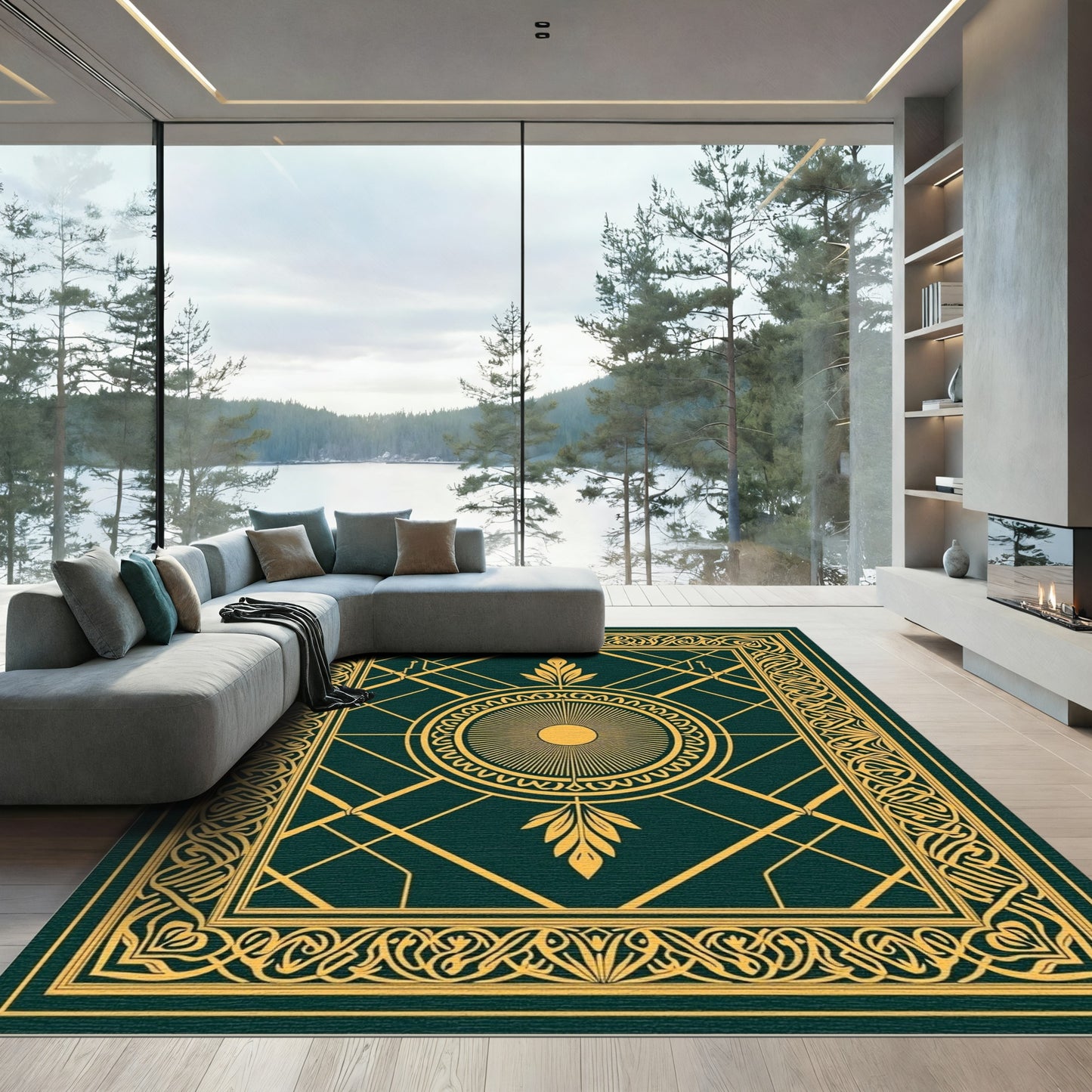 Emerald Gold Sunburst Art Deco Rug