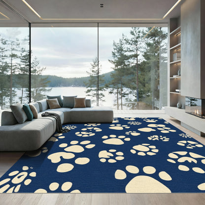 Cream Paw Prints Navy Background Rug