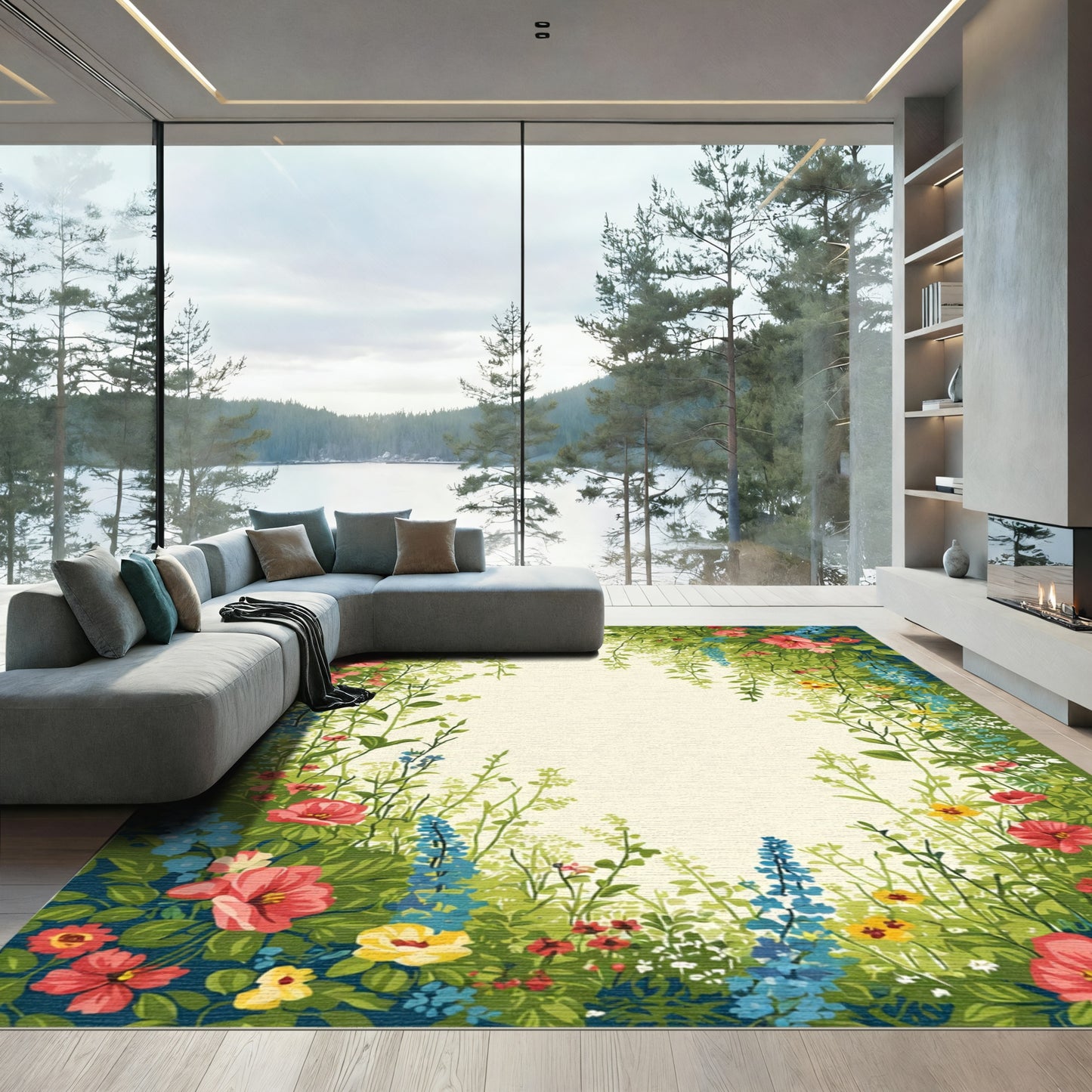 Vibrant Red Floral Garden Vines Rug