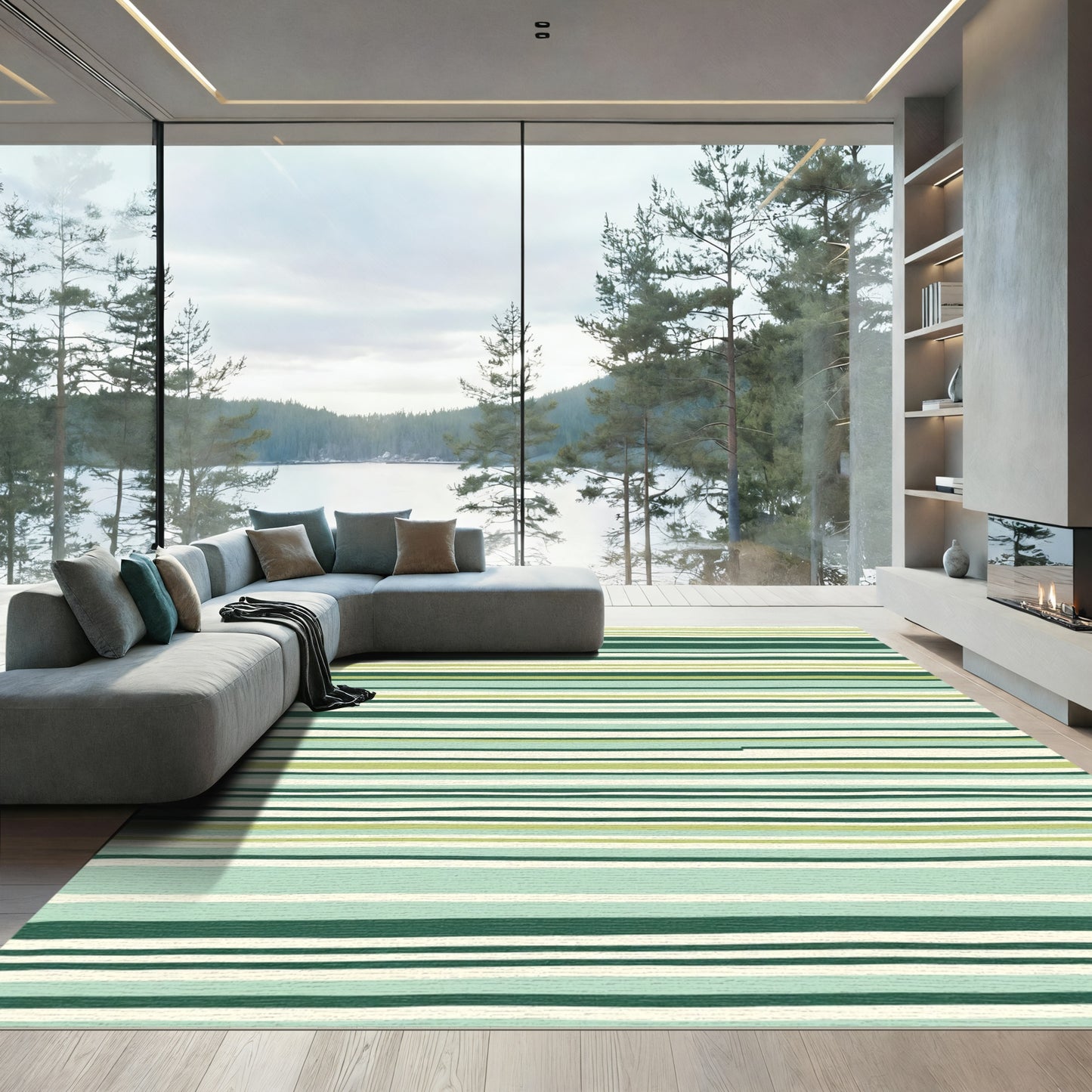Green Blue Cream Striped Horizontal Lines Rug
