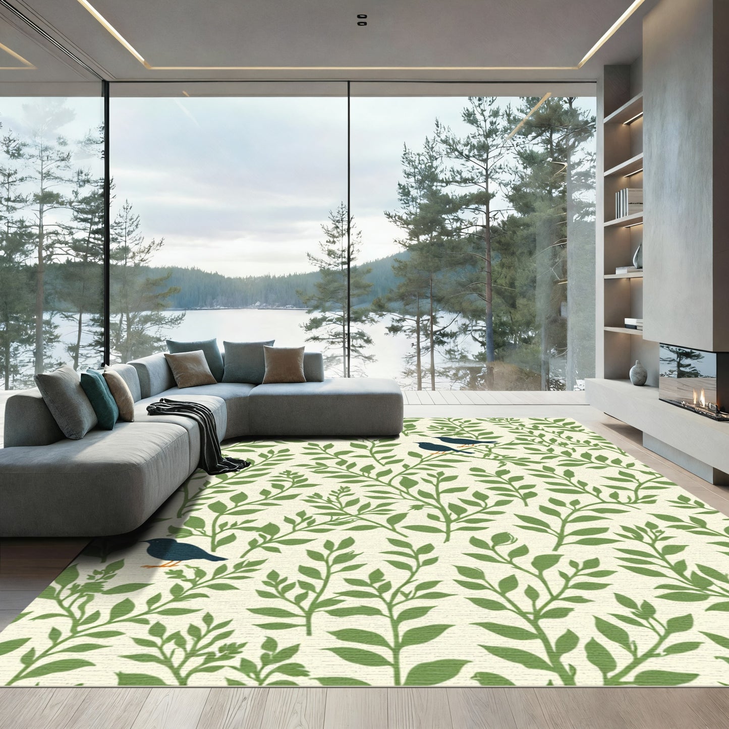Green Foliage With Birds Rug