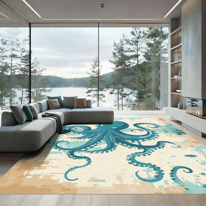 Teal Octopus Abstract Pixel Rug