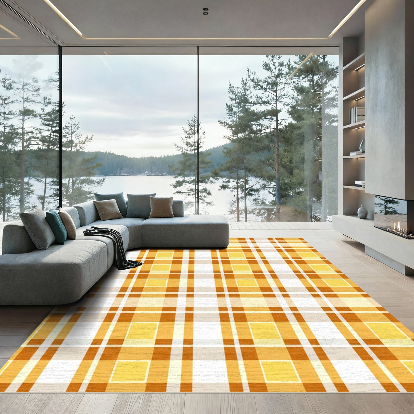 Golden Orange Plaid Checkered Lines Rug