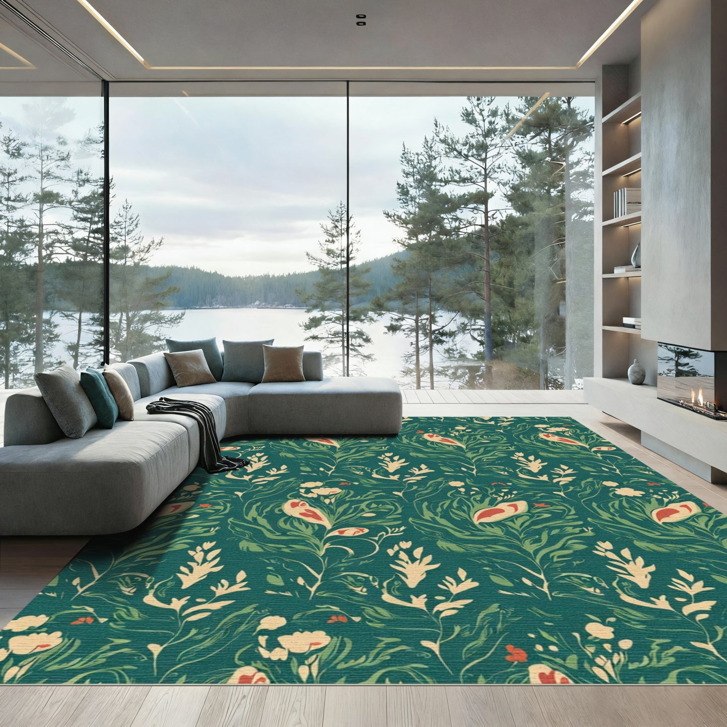 Green Teal Floral Bird Botanical Rug
