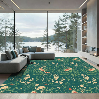 Green Teal Floral Bird Botanical Rug