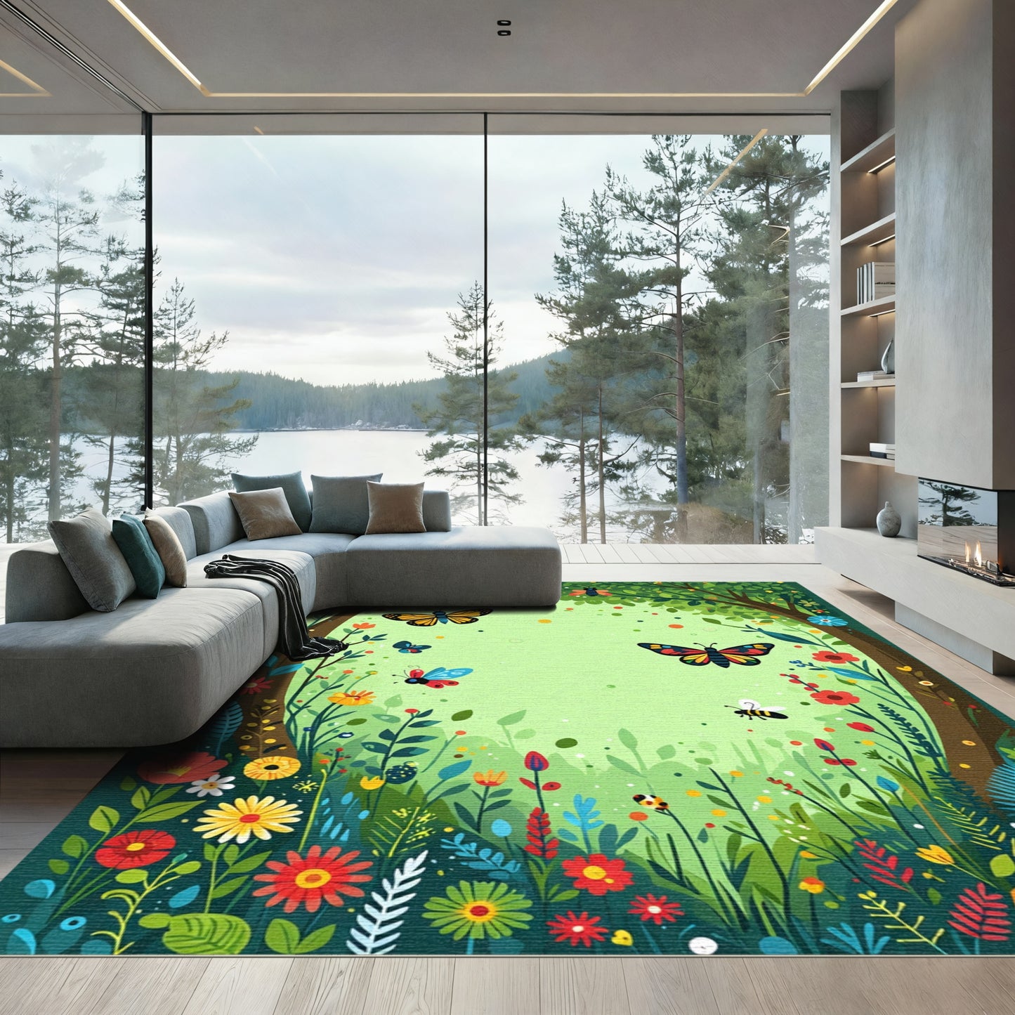 Whimsical Forest Butterflies Bees Flowers Rug