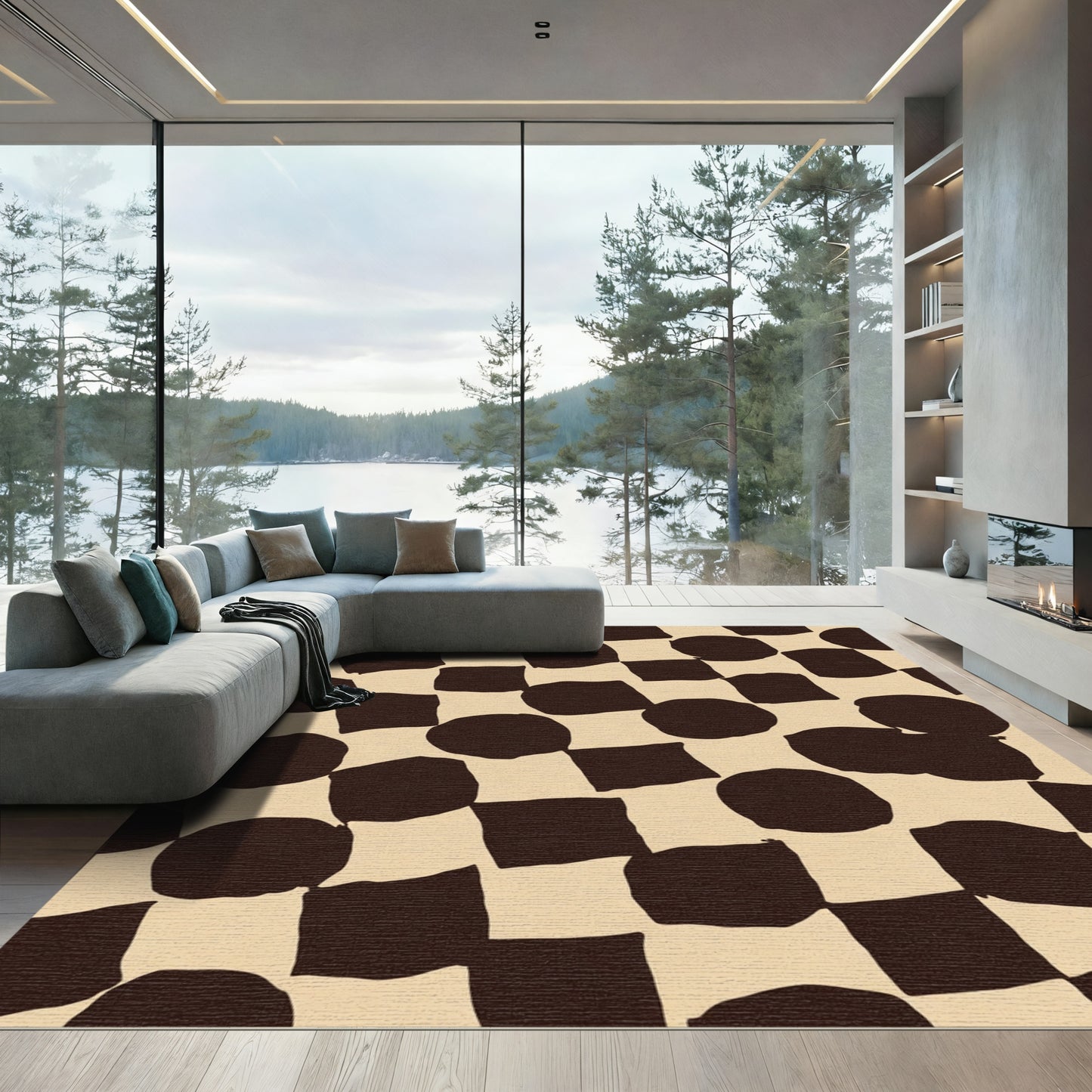 Dark Brown Checkerboard Circles Squares Rug