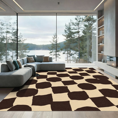 Dark Brown Checkerboard Circles Squares Rug