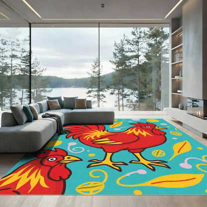 Folk Art Red Roosters Teal Background Rug