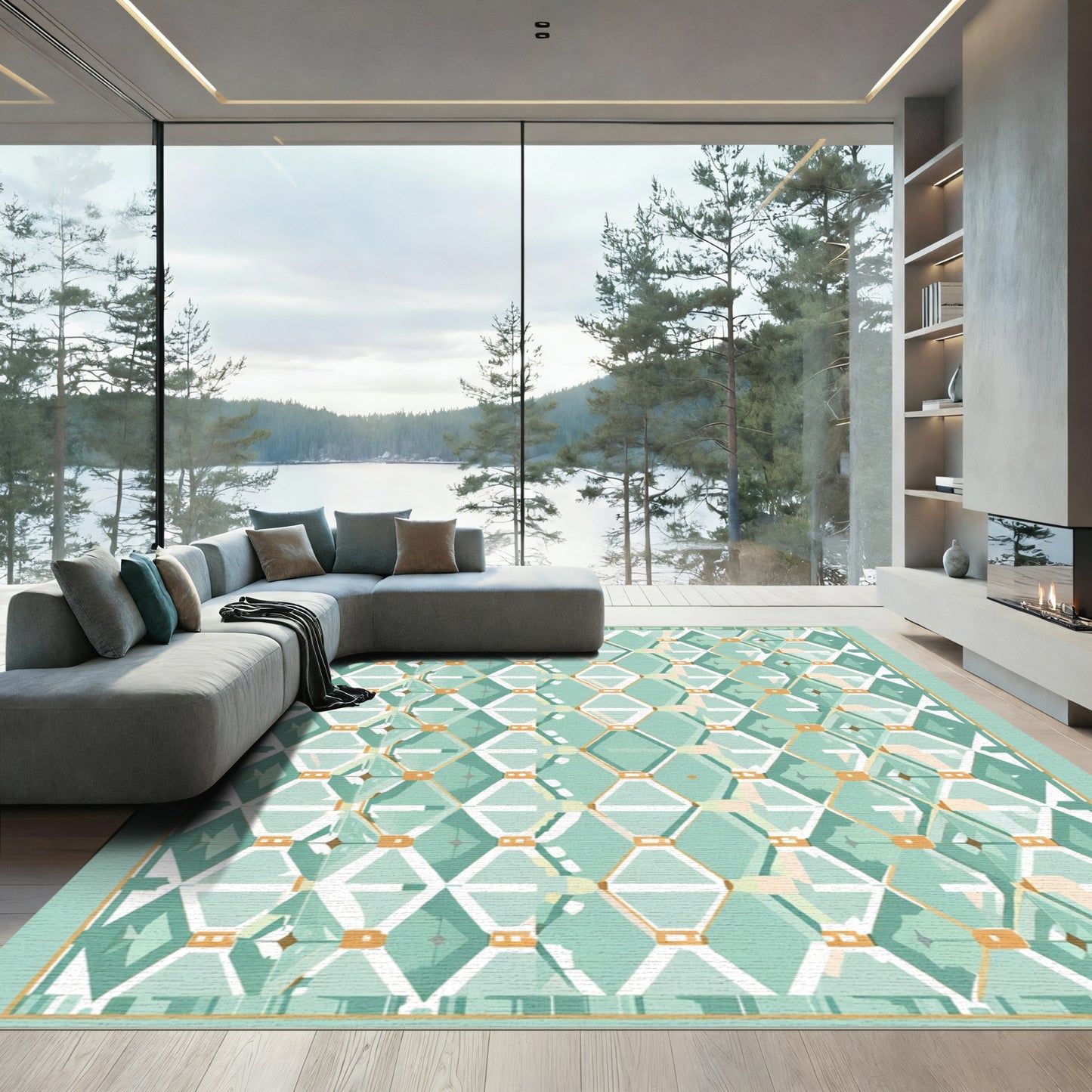 Aqua Geometric Diamond Net Rug