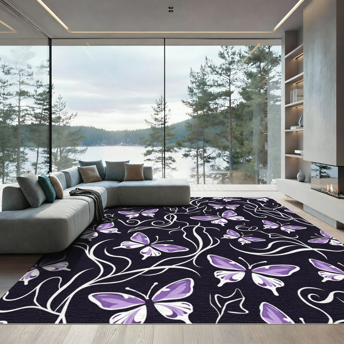 Whimsical Purple Butterfly Floral Rug