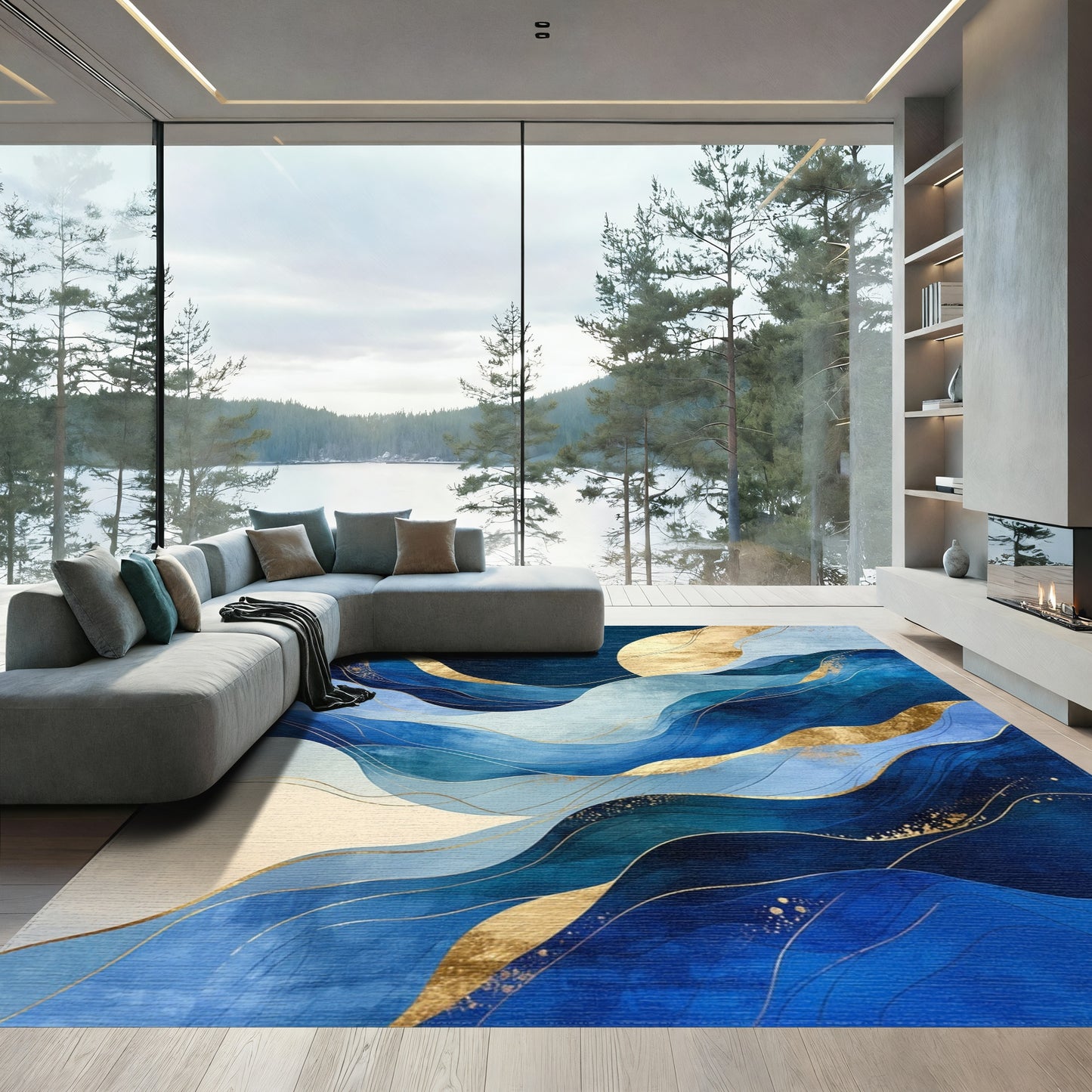 Navy Gold Abstract Waves Rug
