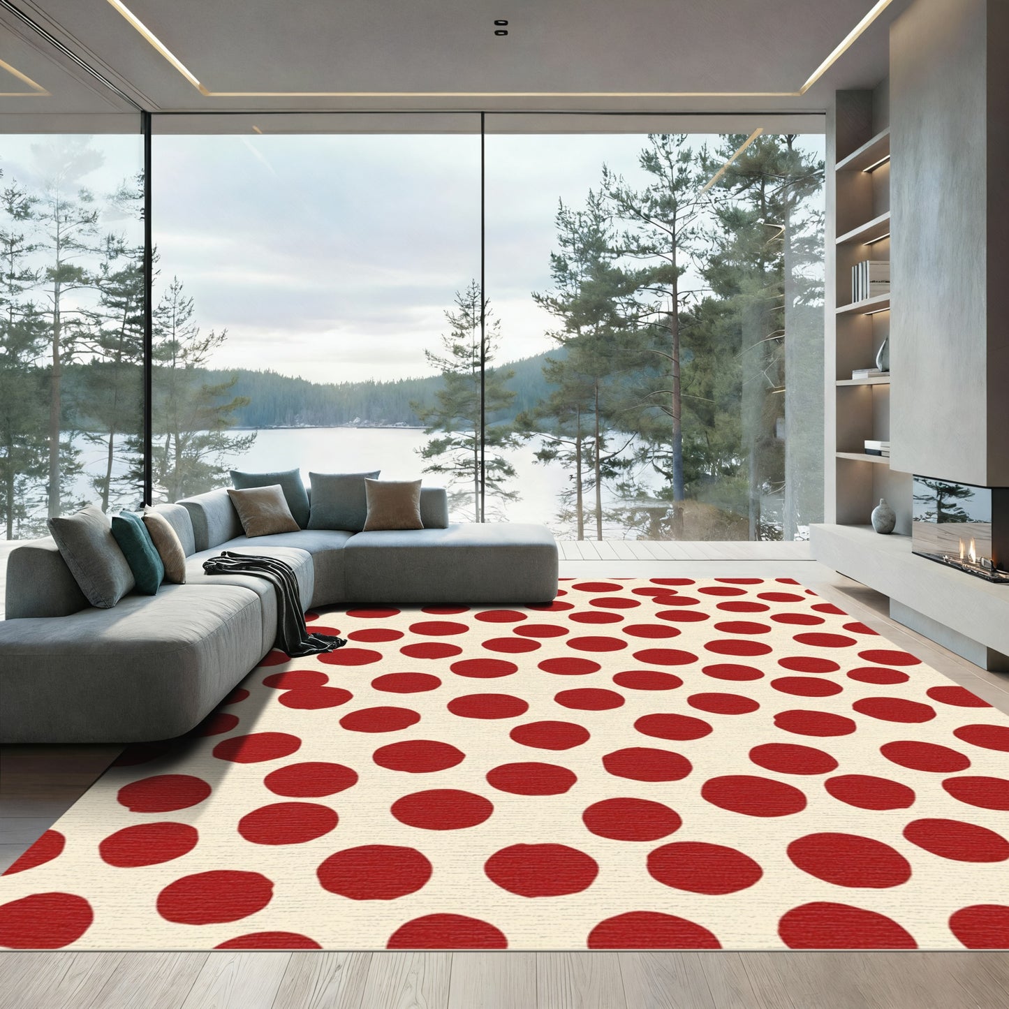 Crimson Dots Scattered Cream Background Rug