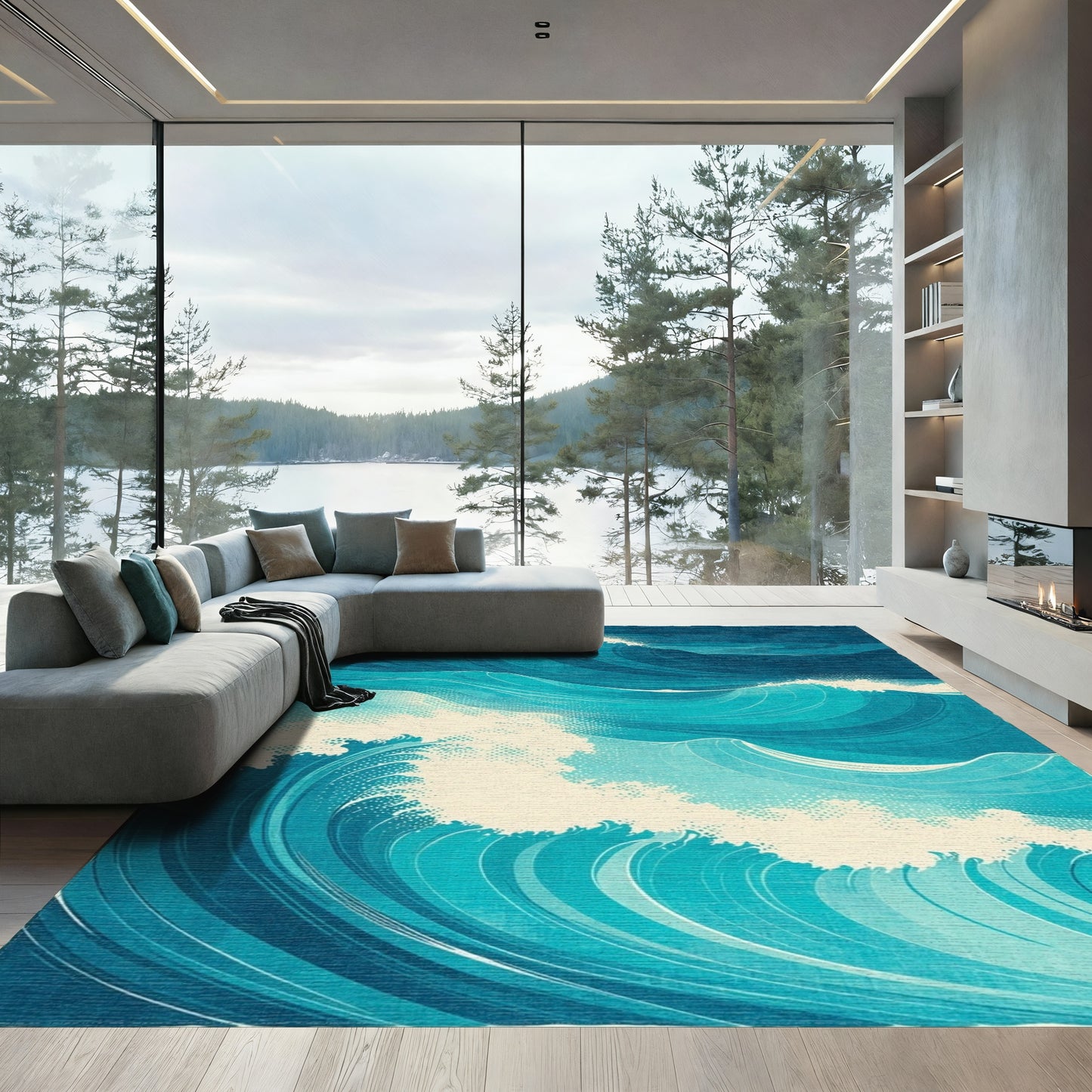Teal Navy Swirling Waves Rug