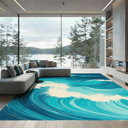 Teal Navy Swirling Waves Rug