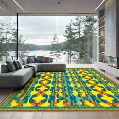 Bold Teal Yellow Orange Abstract Geometry Rug