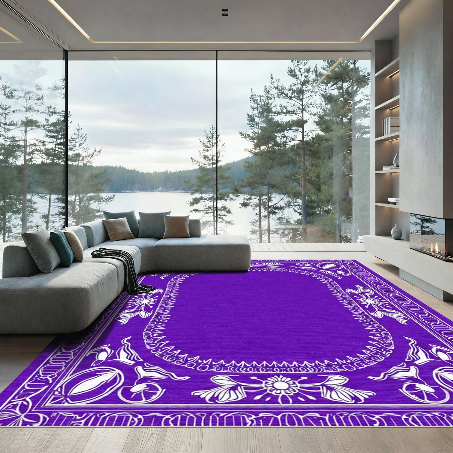 Bold Purple Floral Vine Border Rug