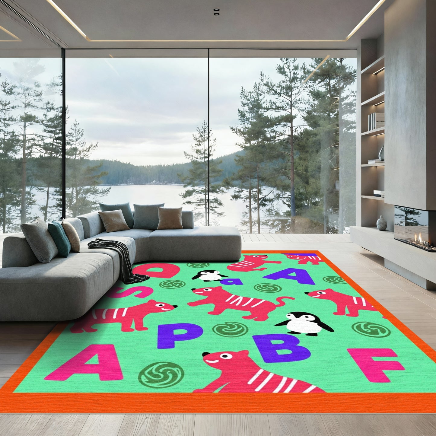 Cute Pink Tigers Penguins ABC Rug