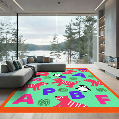 Cute Pink Tigers Penguins ABC Rug
