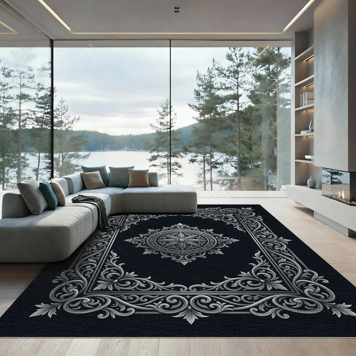 Ornate Silver Floral Medallion Rectangle Rug