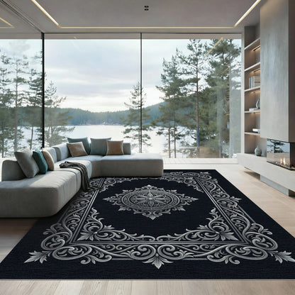 Ornate Silver Floral Medallion Rectangle Rug