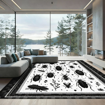 Black Insect Collage With Botanical Accents Rug