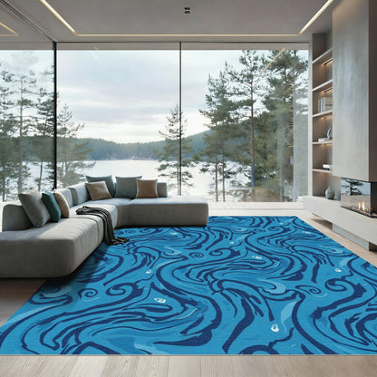Azure Blue Swirling Water Abstract Rug