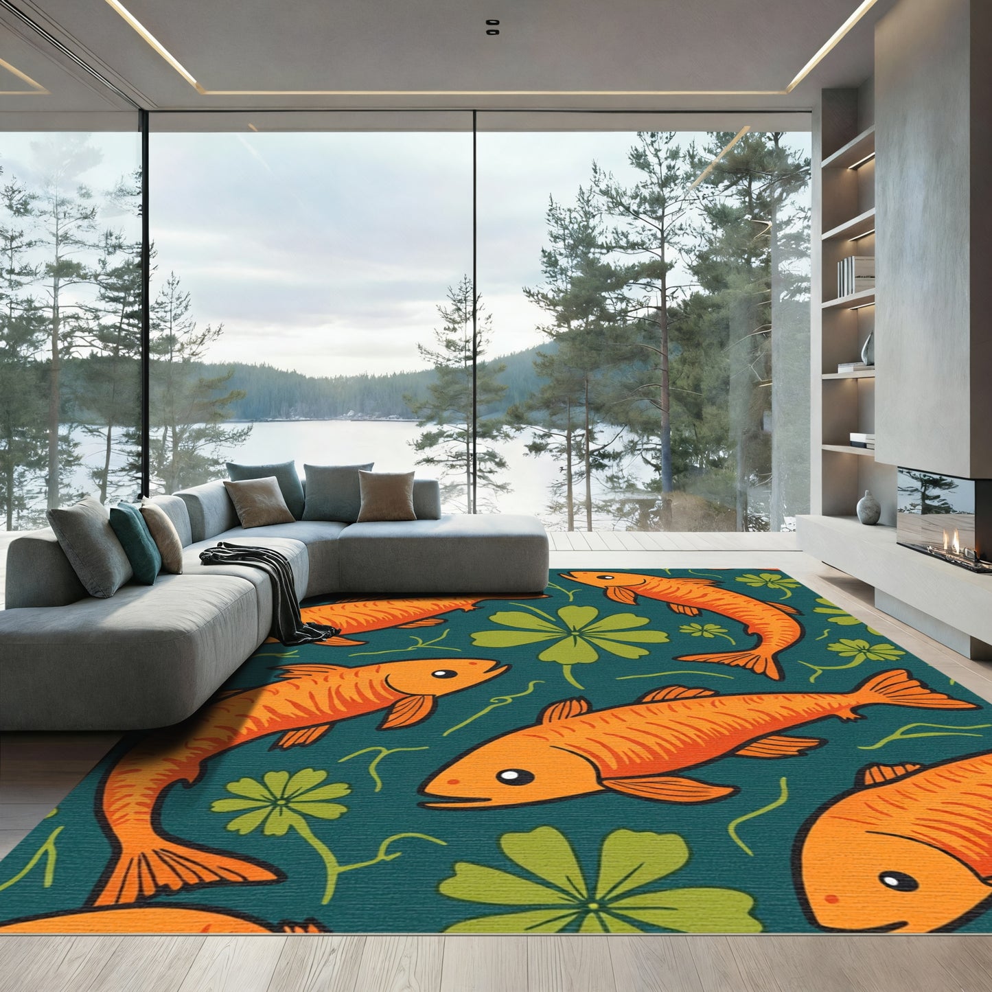 Orange Koi Fish Green Floral Pond Rug