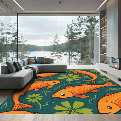 Orange Koi Fish Green Floral Pond Rug