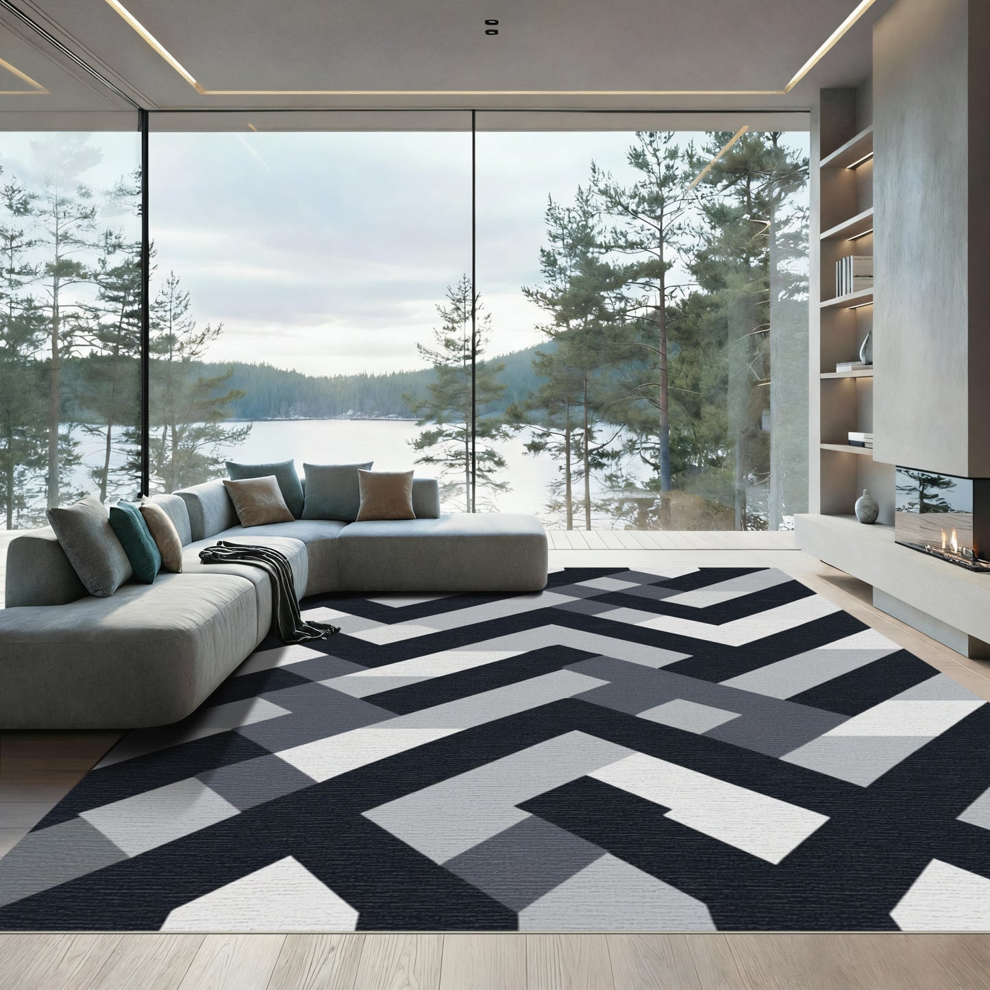 Dark Grey Interlocking Geometric Lines Rug