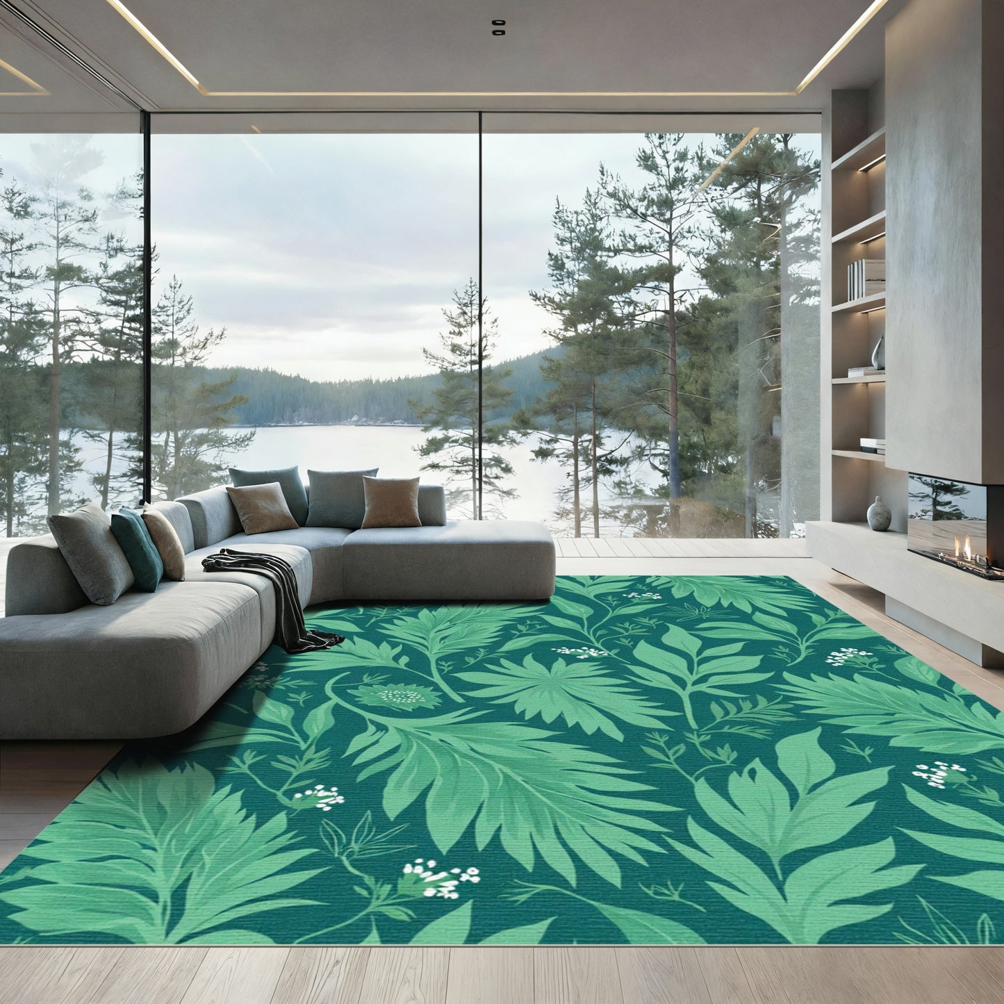 Emerald Green Tropical Botanical Arrangement Rug
