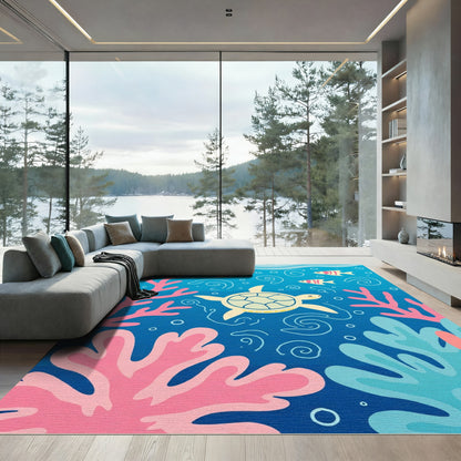 Whimsical Coral Turtle Fish Underwater Scene Rug