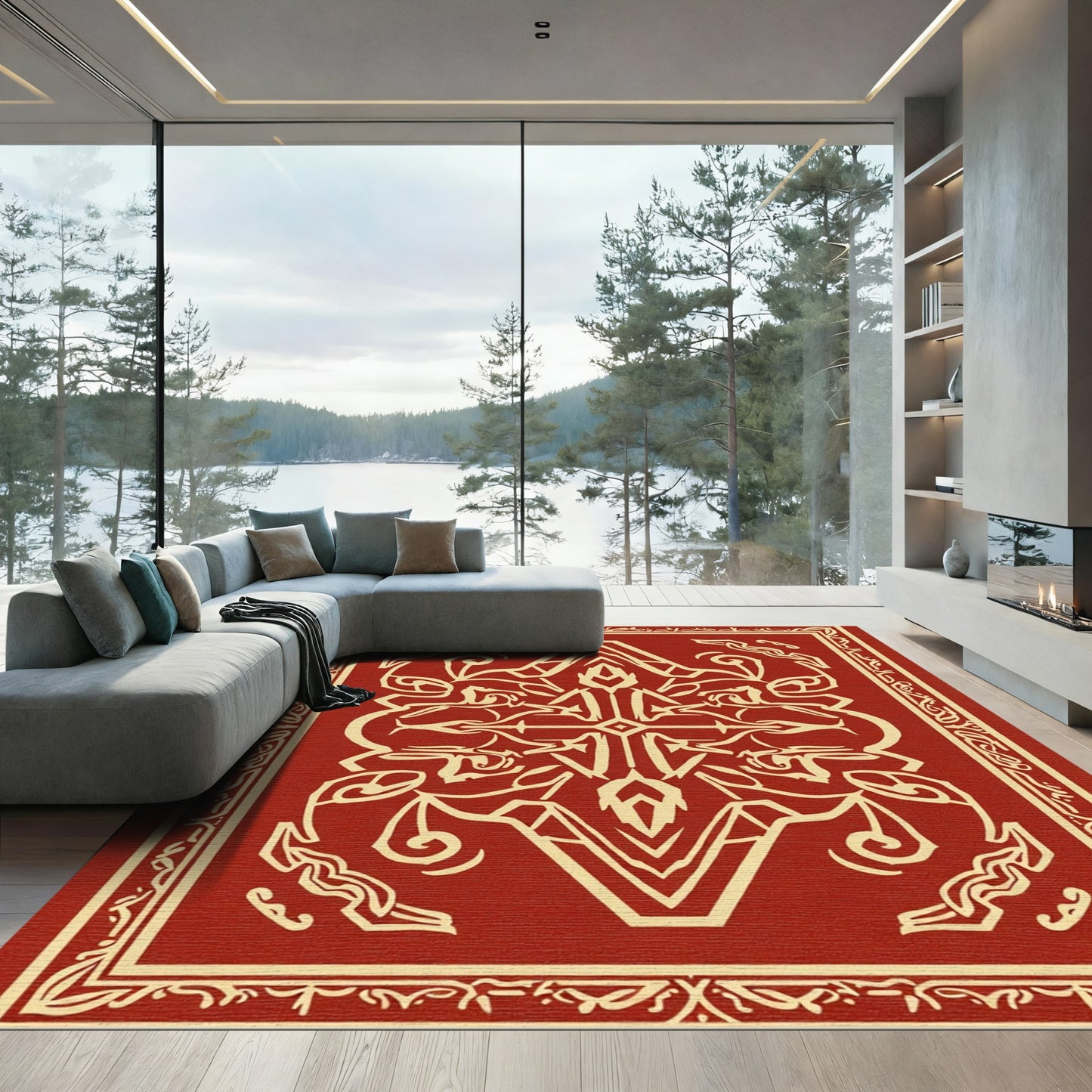 Crimson Abstract Symmetry Crest Rug