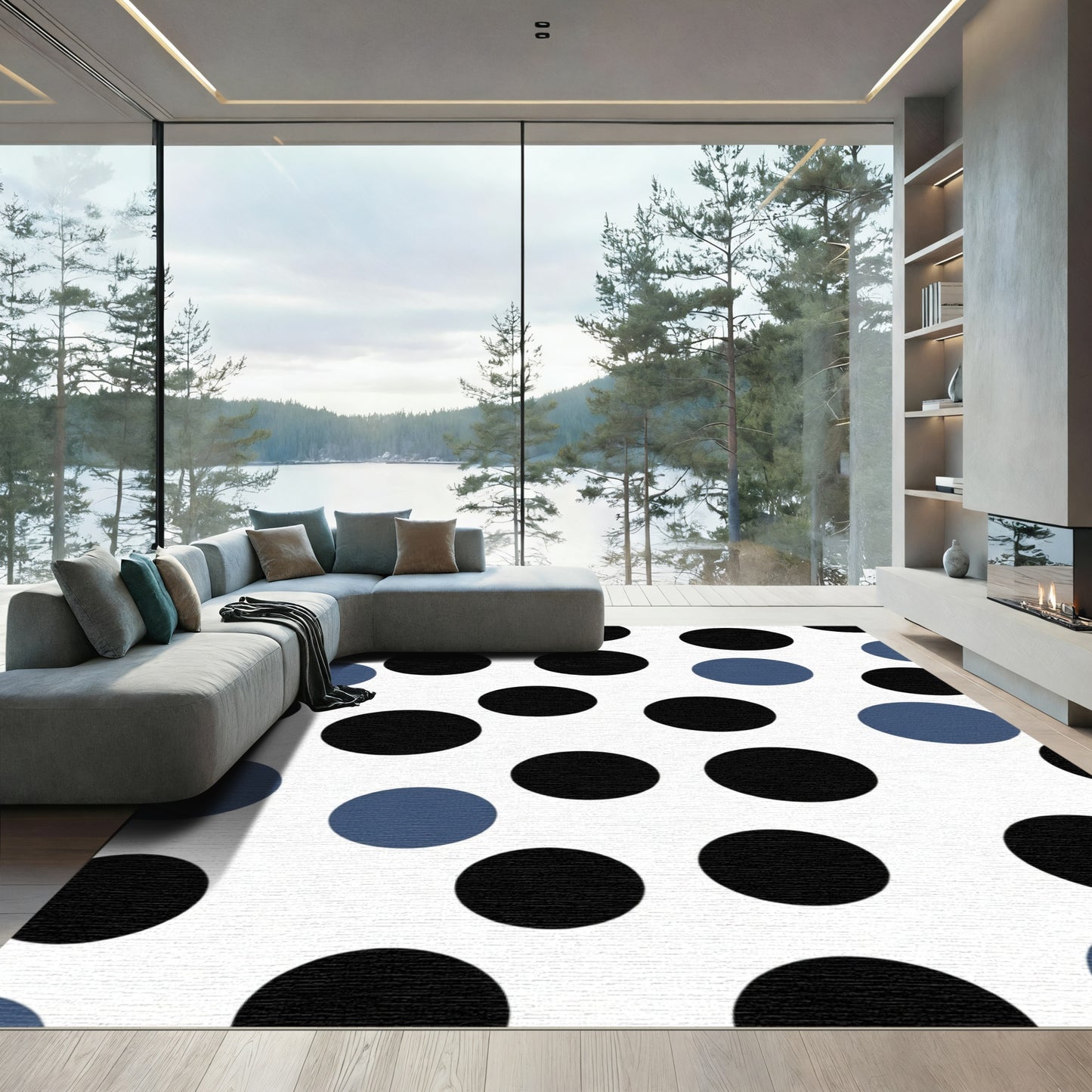 Bold Black Blue Polka Dot Circles Rug