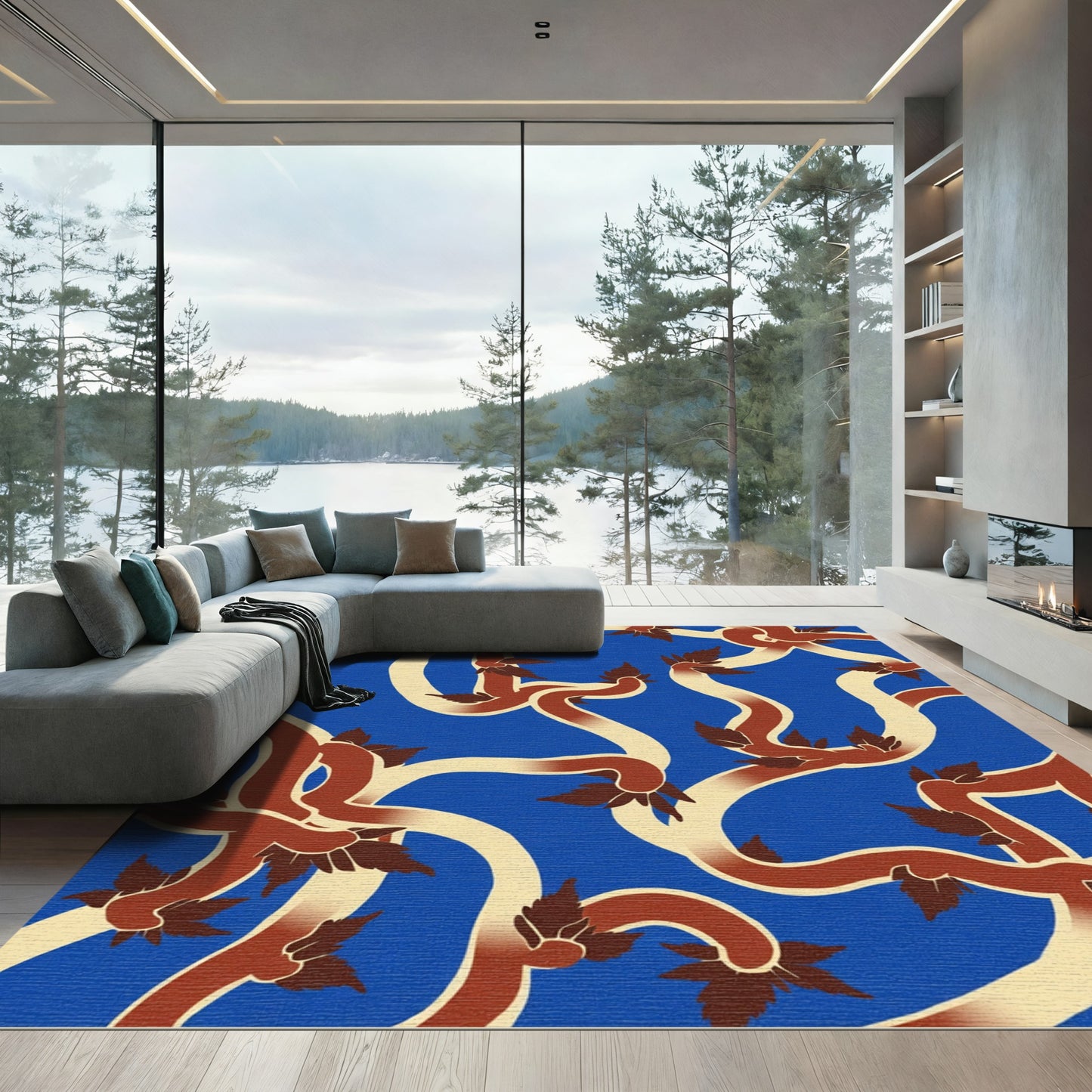 Crimson Cream Vine Leaf Pattern Rug