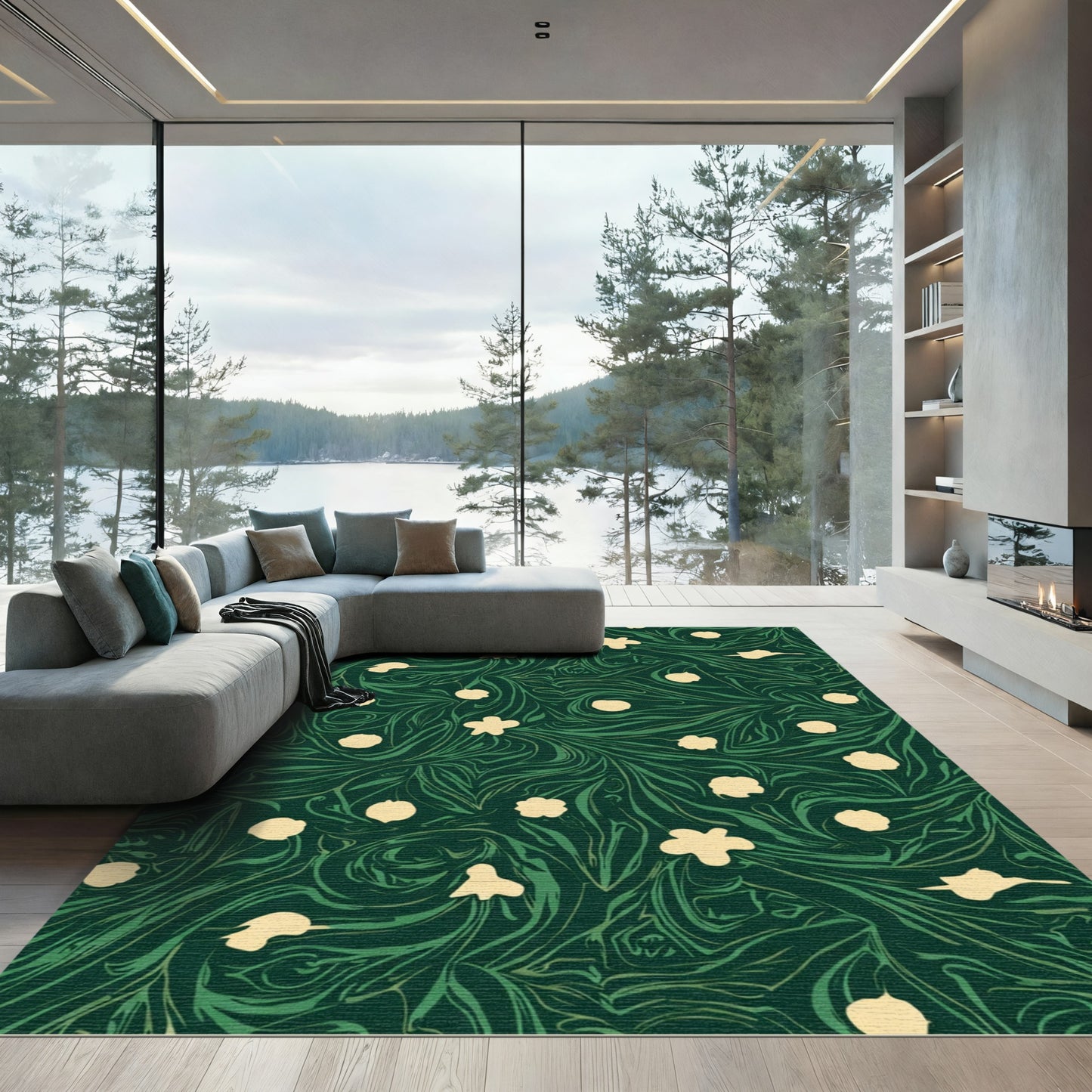 Emerald Green Cream Floral Swirl Rug