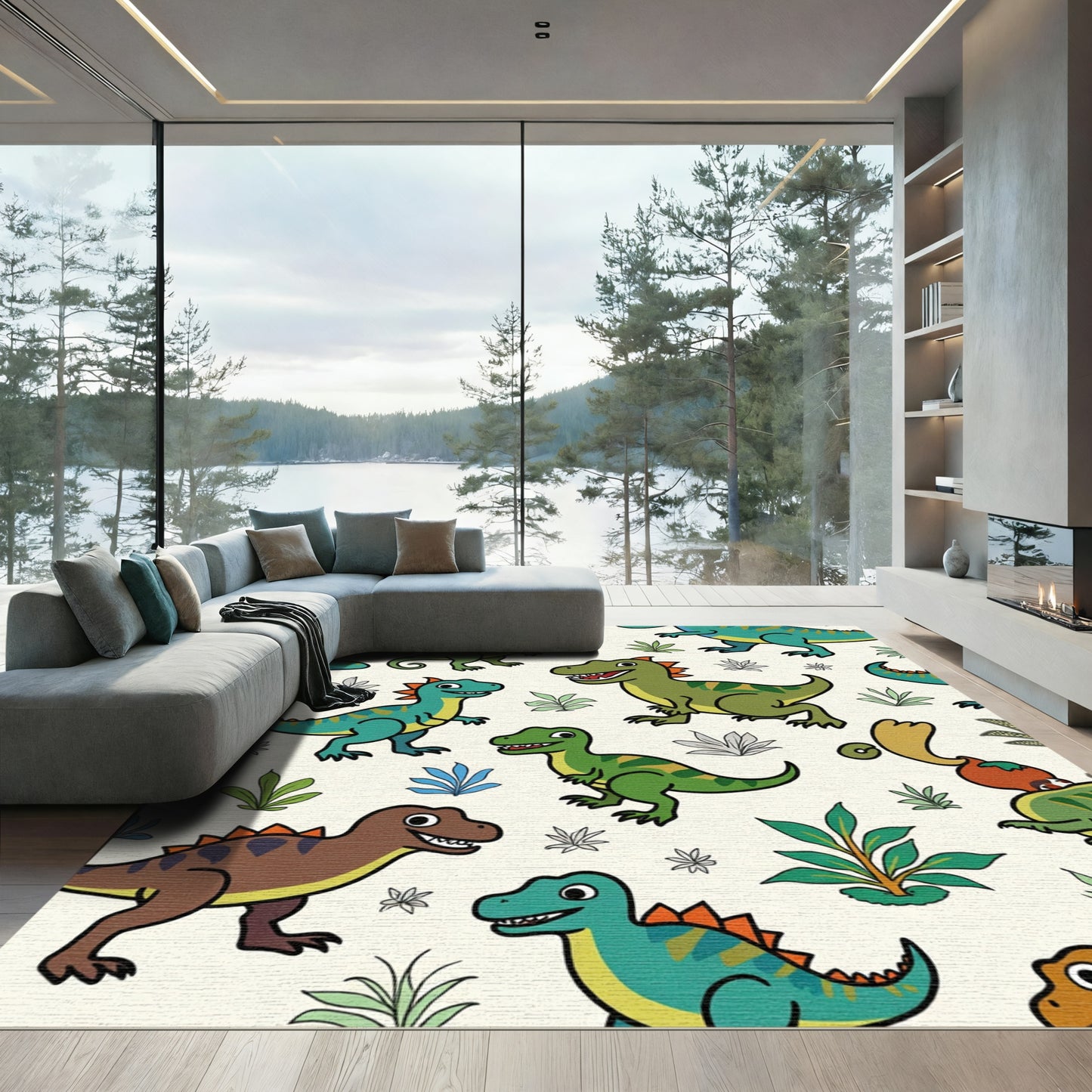 Playful Cartoon Dinosaur Jungle Adventure Rug