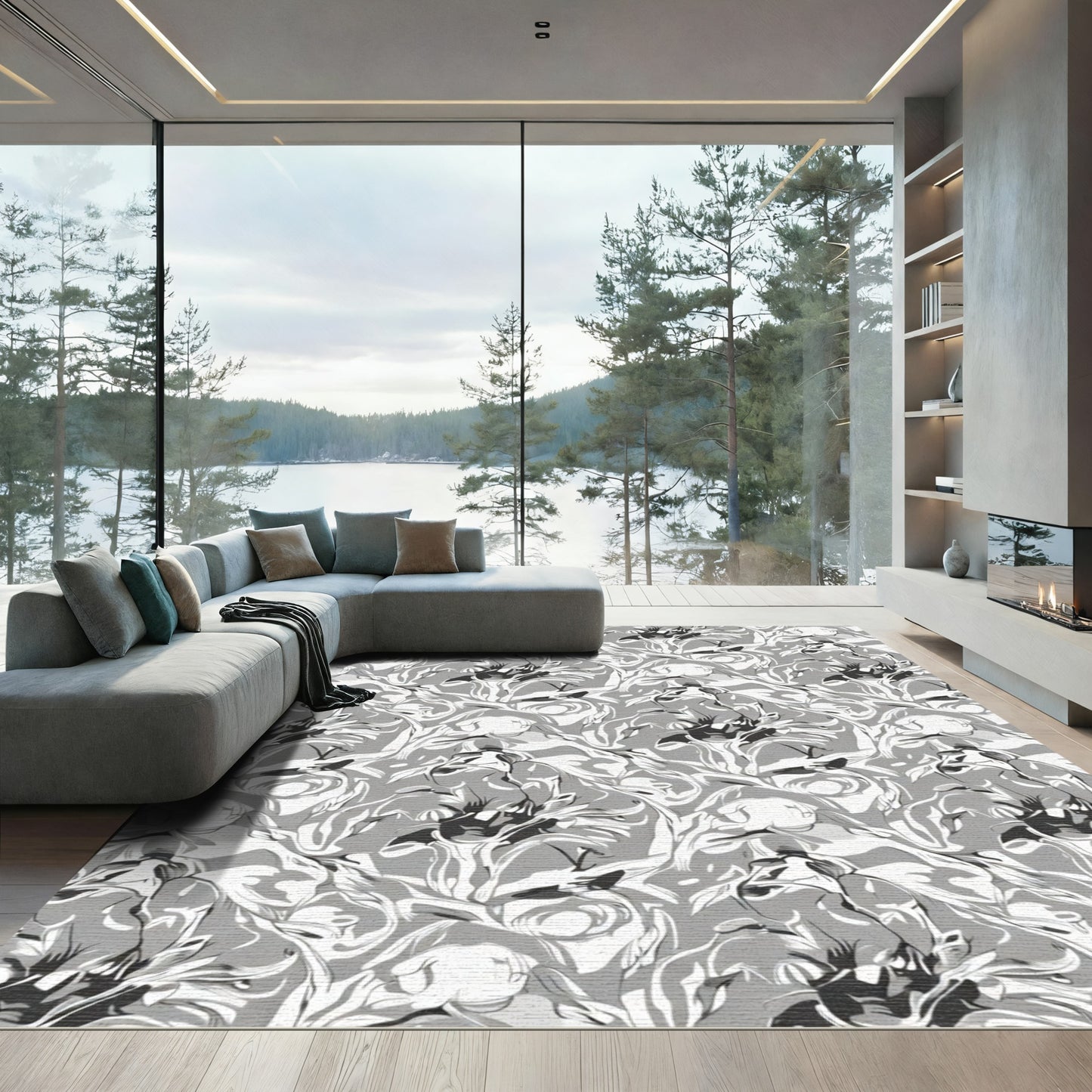 Monochrome Abstract Floral Swirl Rug