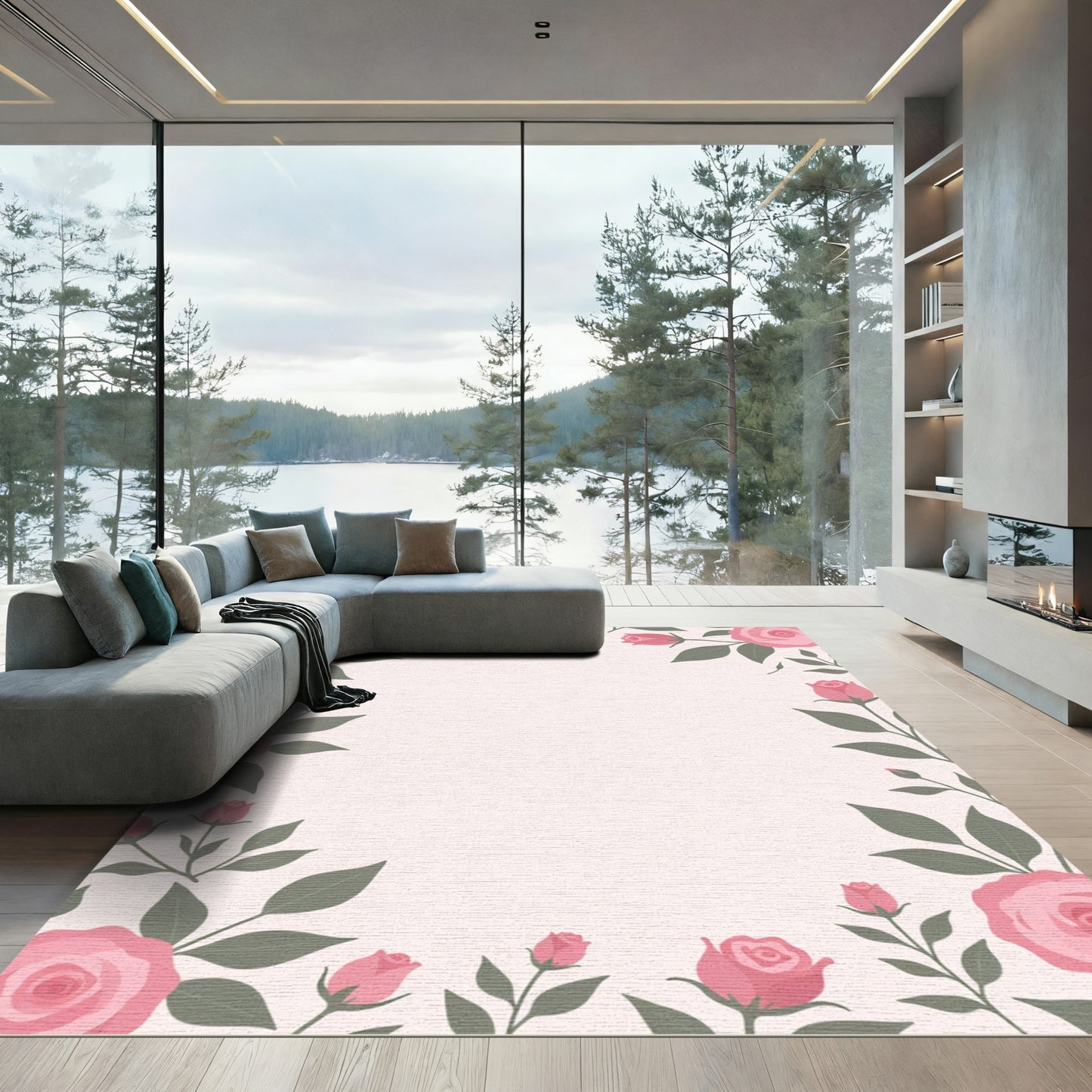 Pink Roses Border Garden Rug