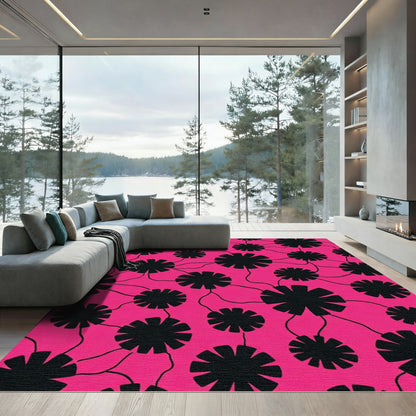 Bold Black Flower Clusters Pink Rug