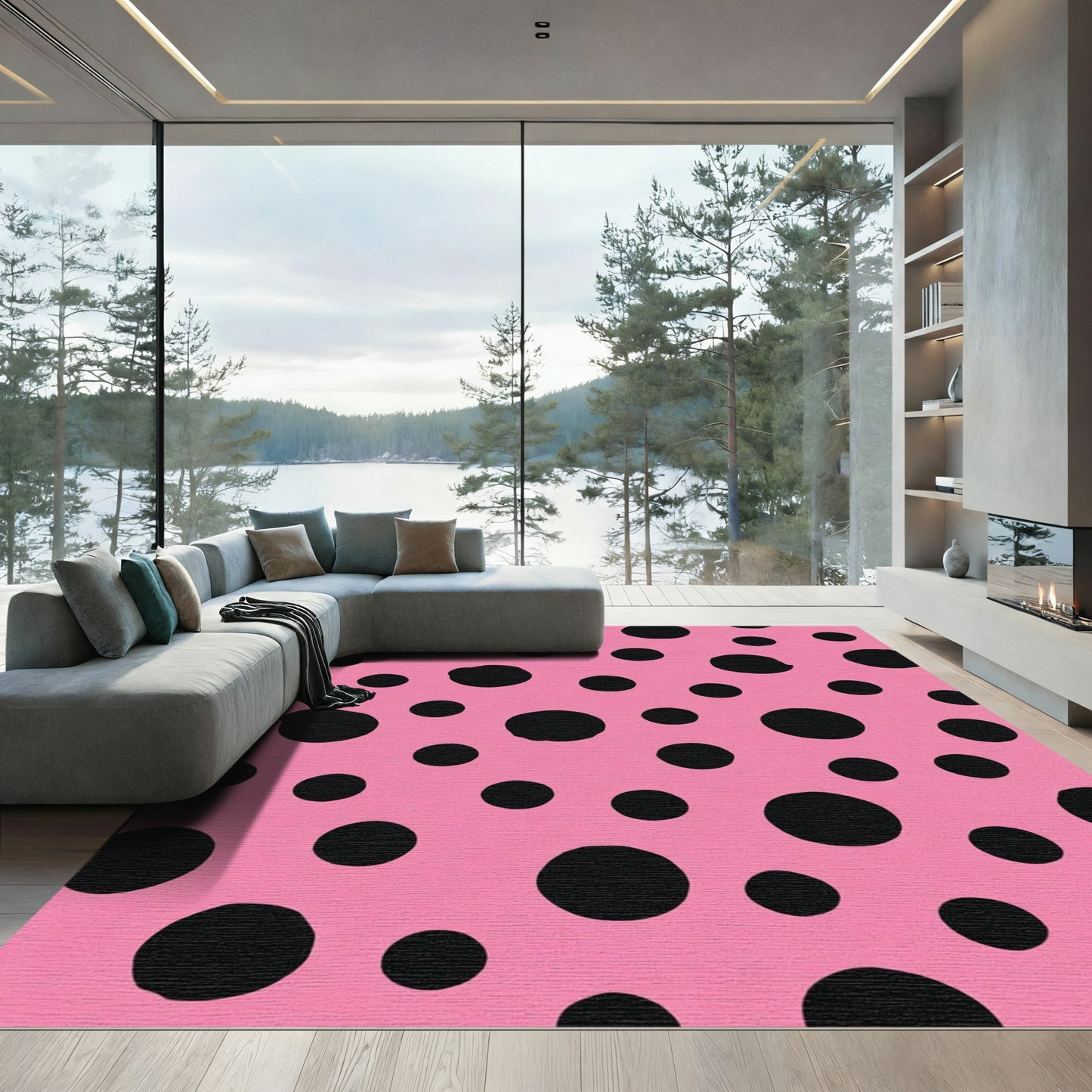 Playful Pink Black Polka Dots Rug