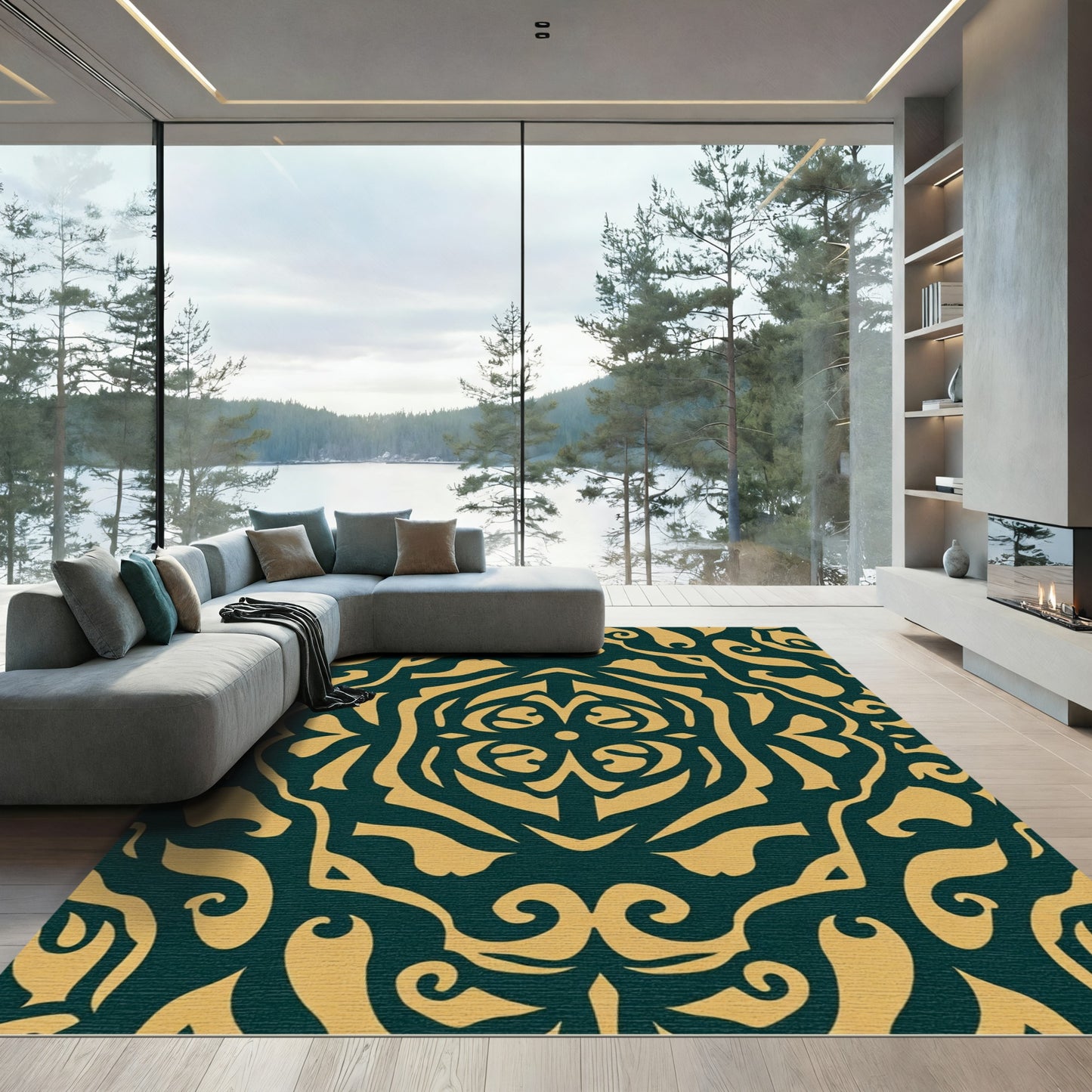 Deep Teal Golden Symmetrical Medallion Rug