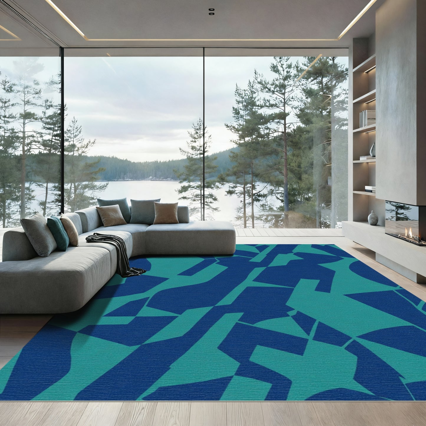 Deep Blue Teal Abstract Geometric Shapes Rug