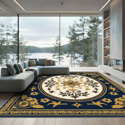 Navy Gold Floral Medallion Oval Rug