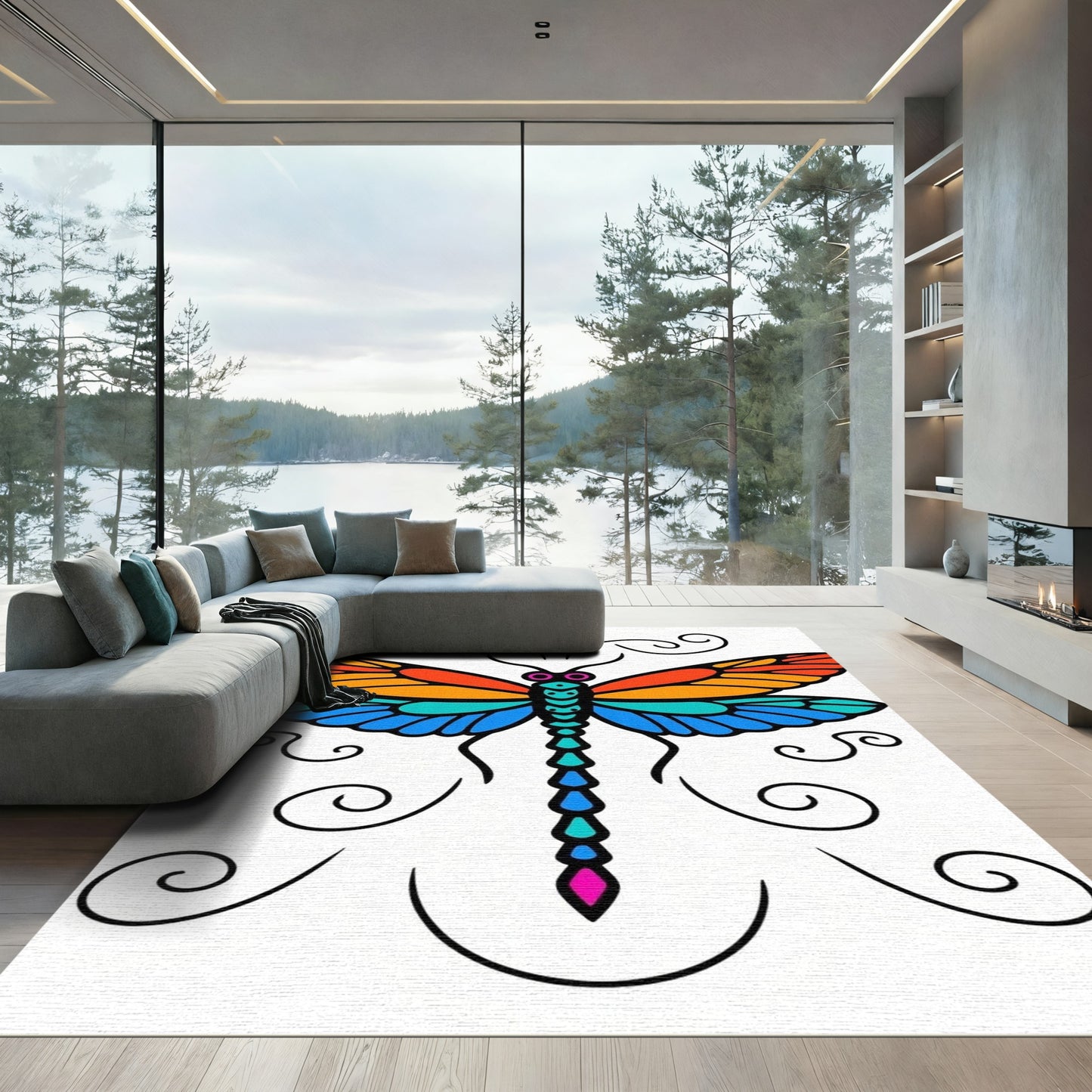 Colorful Dragonfly Swirl Art Rug