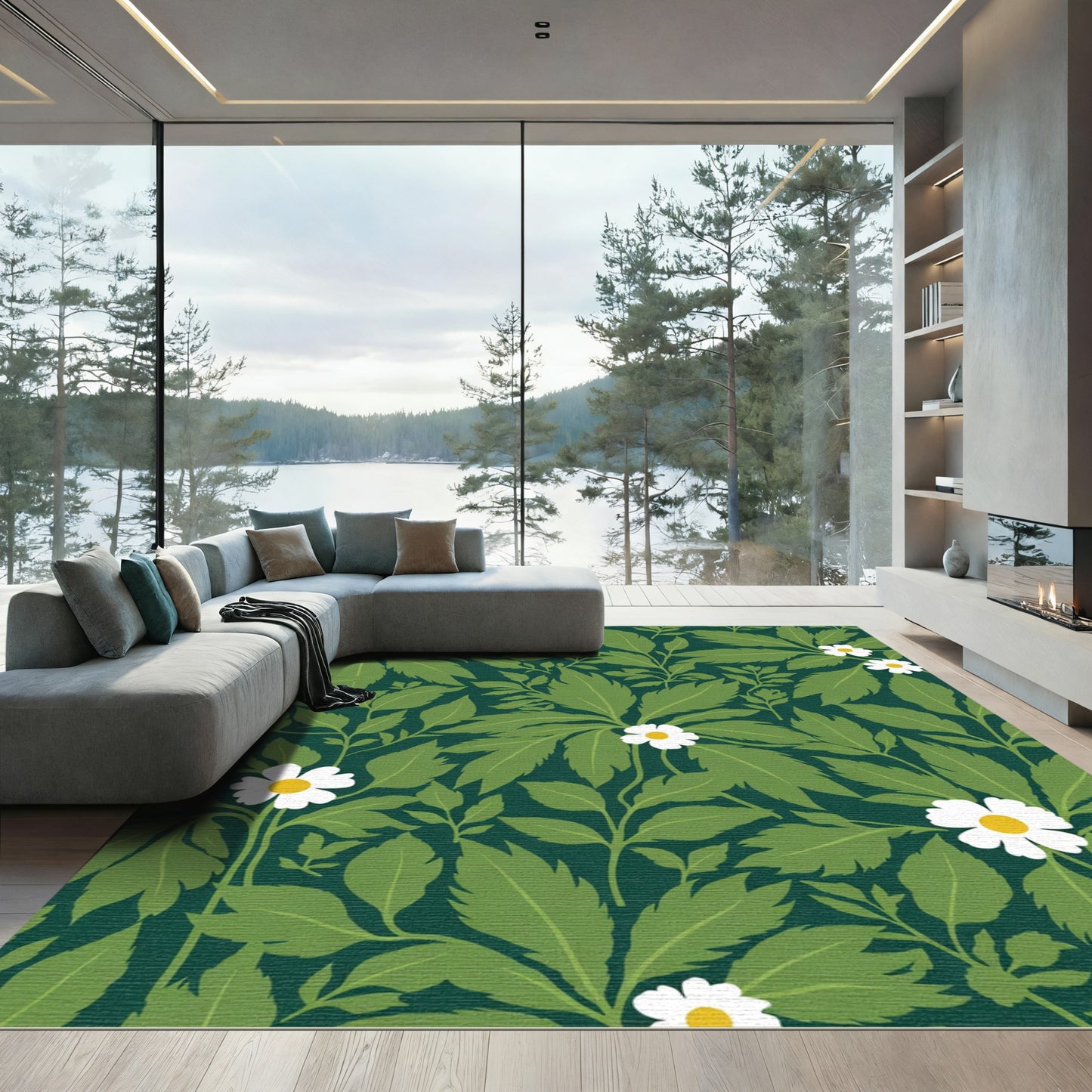 Dark Green White Daisy Foliage Rug