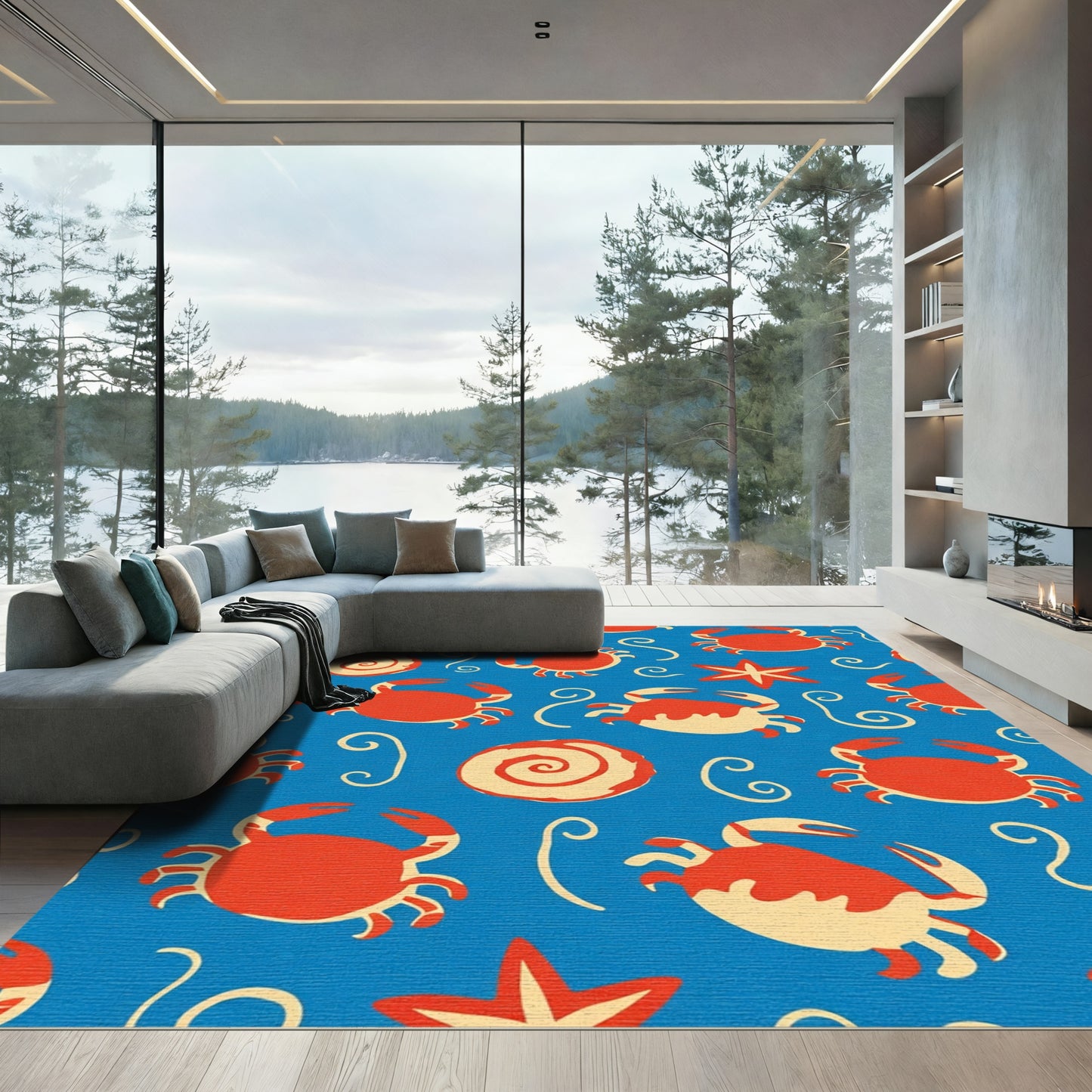 Red Orange Crab Coastal Swirls Rug