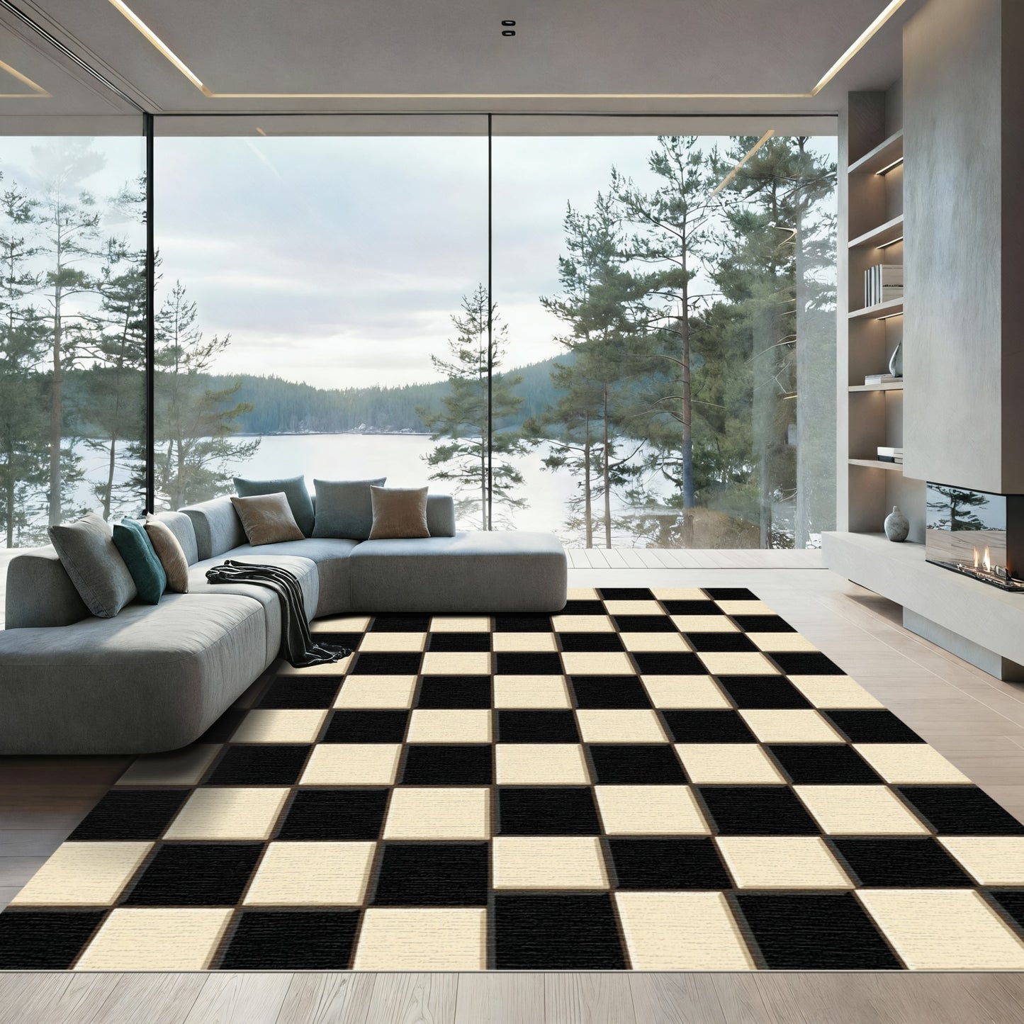 Classic Black Cream Checkered Squares Rug