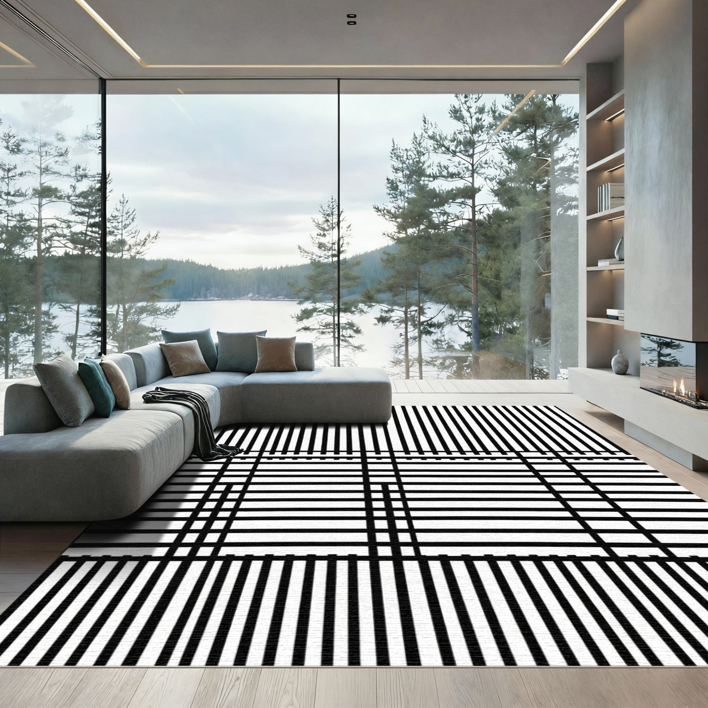 Modern Black White Intersecting Lines Rug