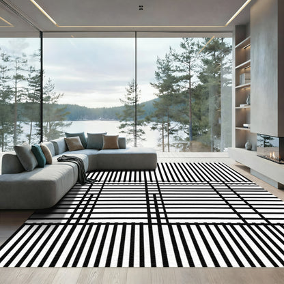 Modern Black White Intersecting Lines Rug